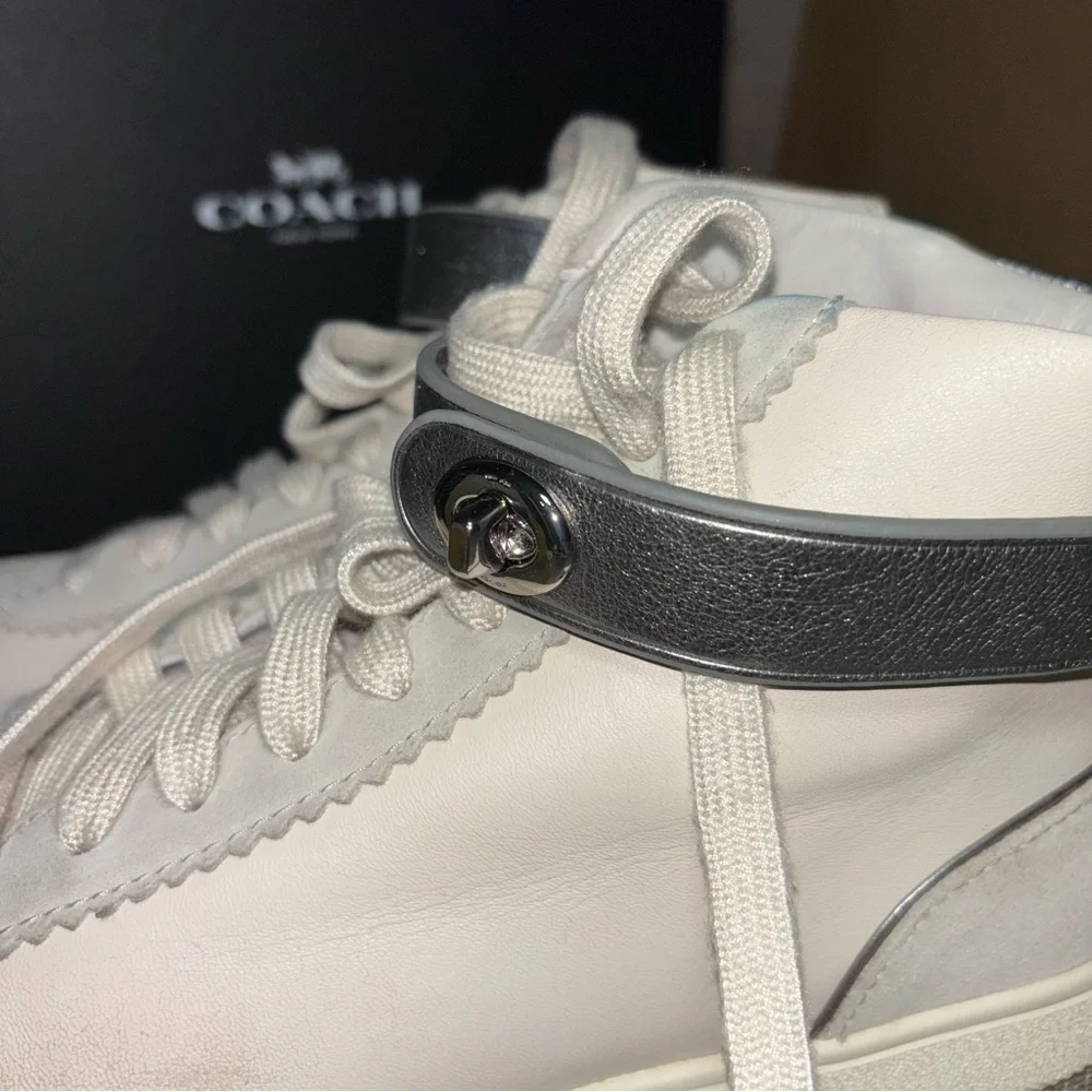COACH® Sheep Nappa Suede High Top Sneakers White Metallic Silver C213 Size 7.5